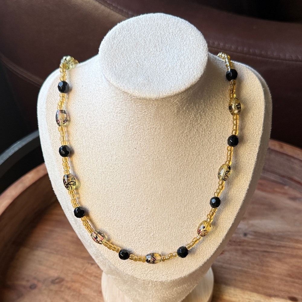 Gold and Black Glass Bead Necklace - Elegant Women's Jewelry